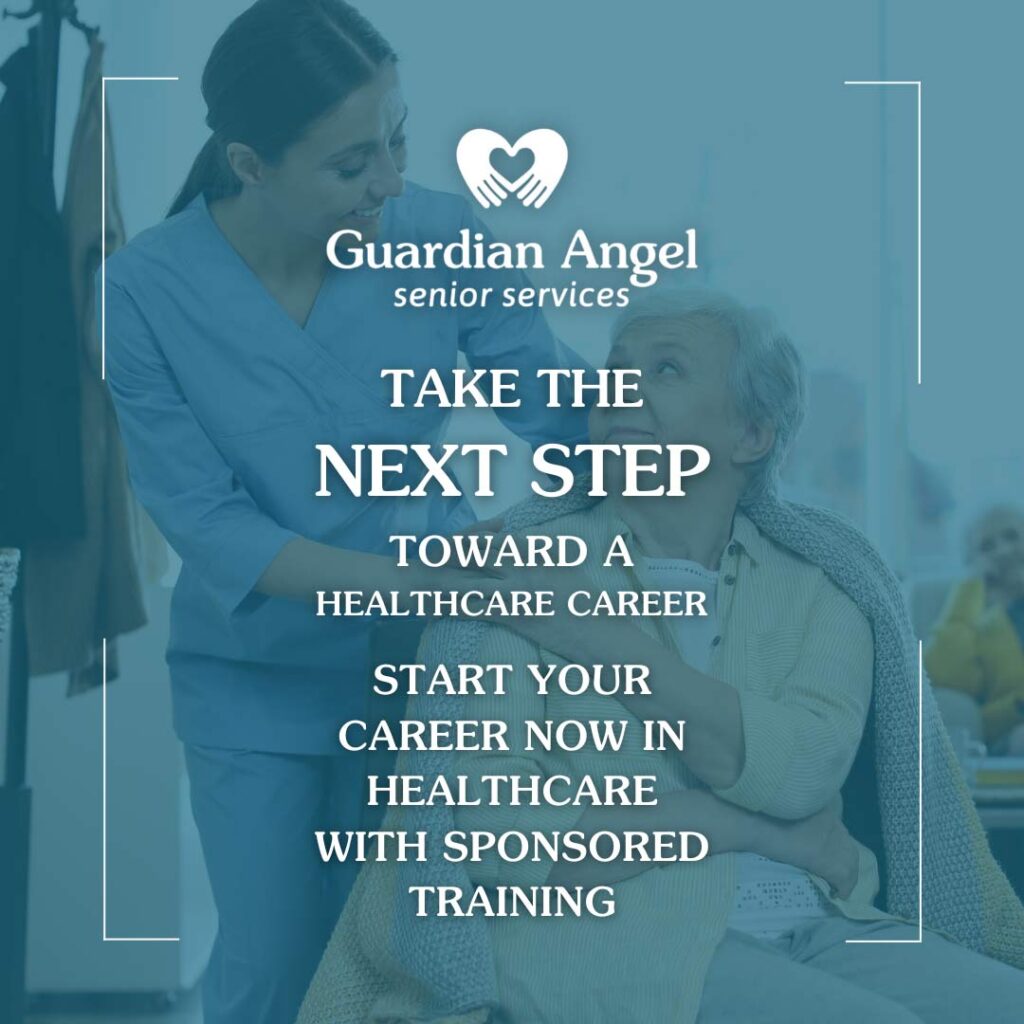 A healthcare professional in scrubs assisting a smiling elderly woman, overlaid with a message promoting sponsored training for new healthcare careers.